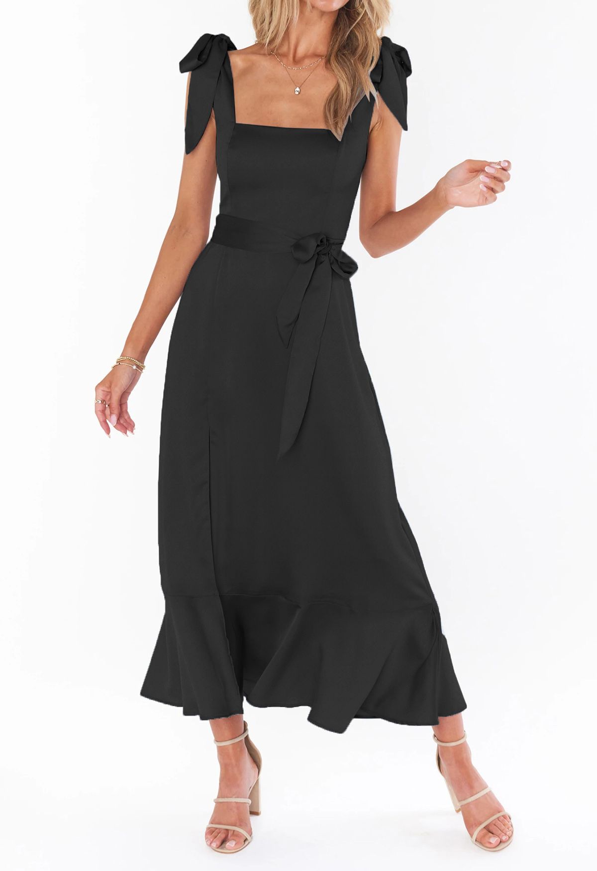 Cami-Kleid mit Rüschensaum und Schulterbindung in Schwarz