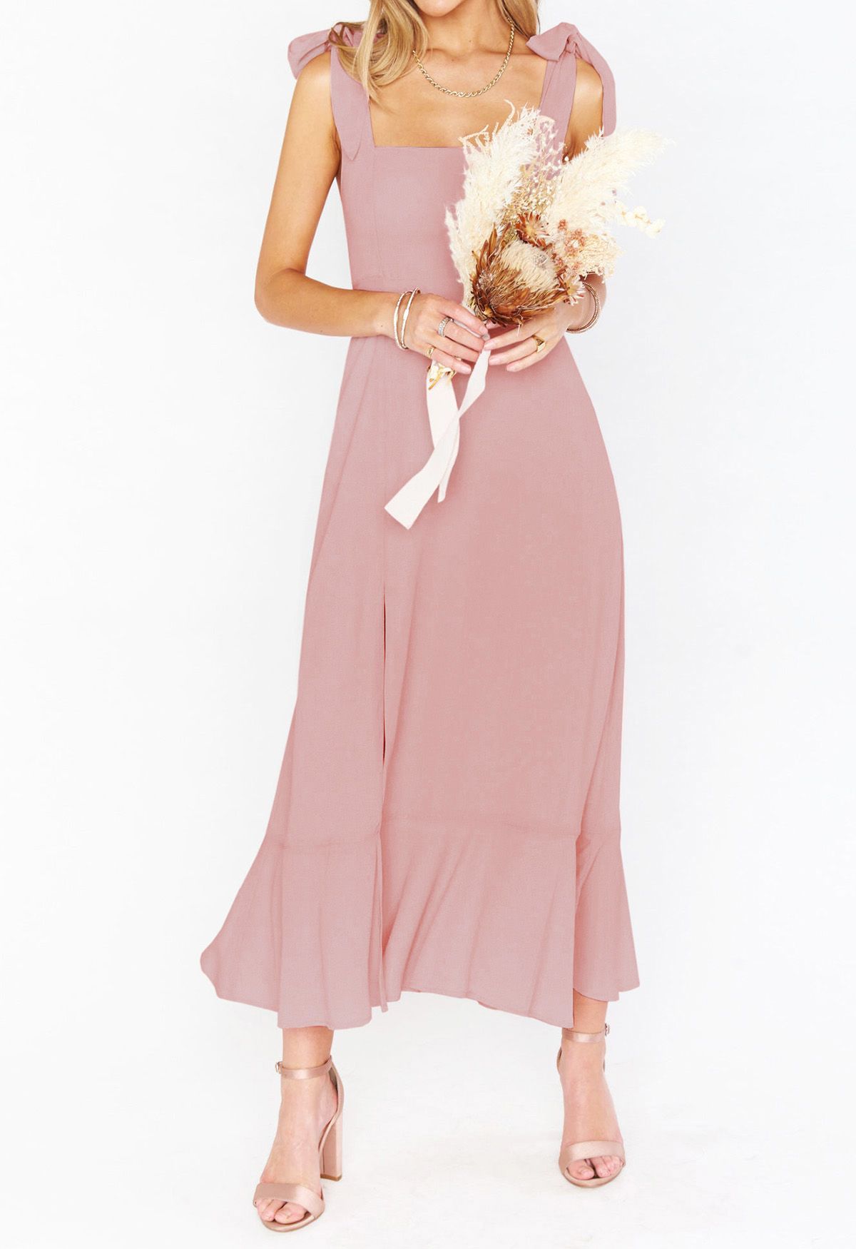 Cami-Kleid mit Rüschensaum und Schulterbindung in Rosa