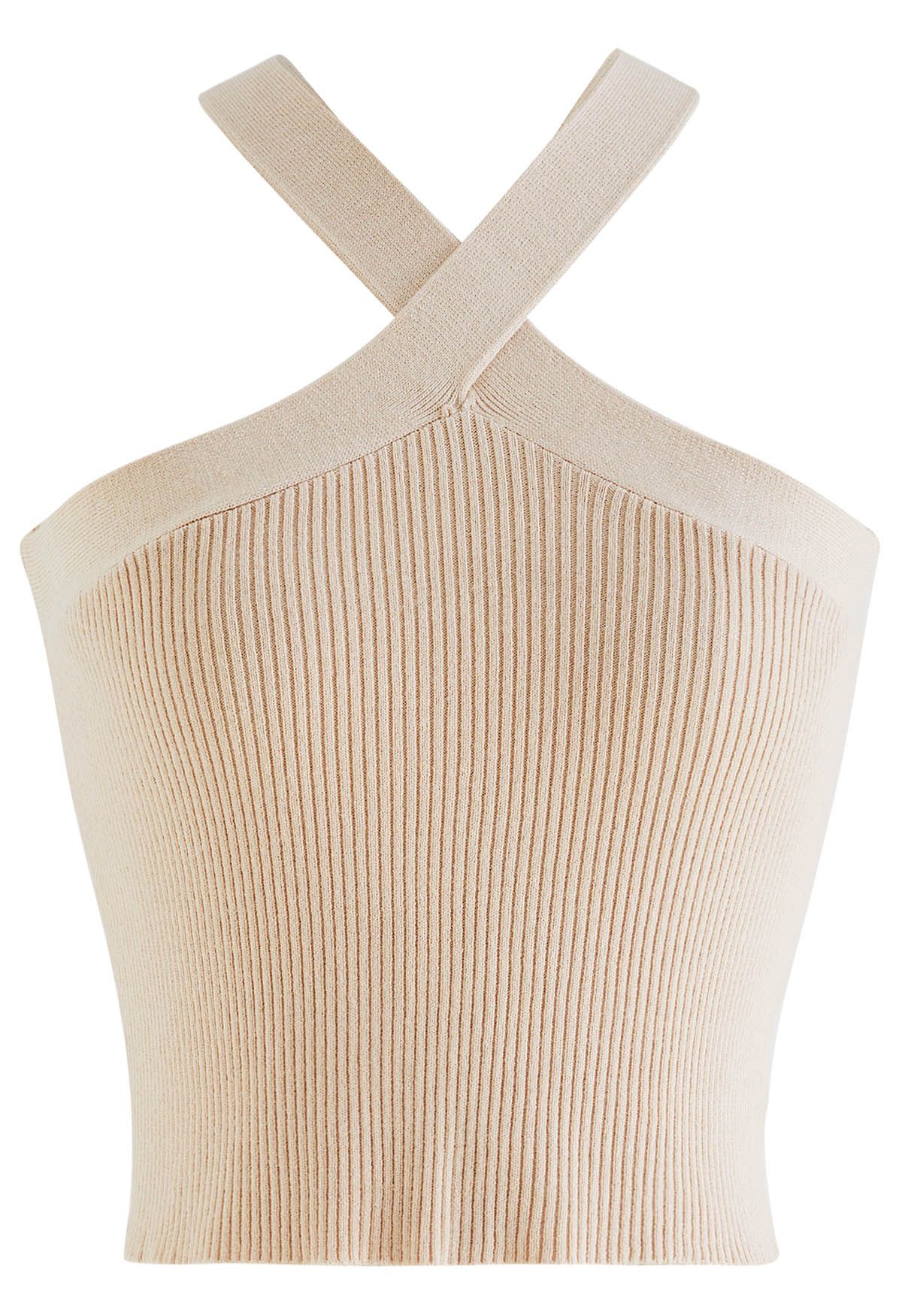 Neckholder-Strickoberteil mit überkreuzten Trägern in Creme