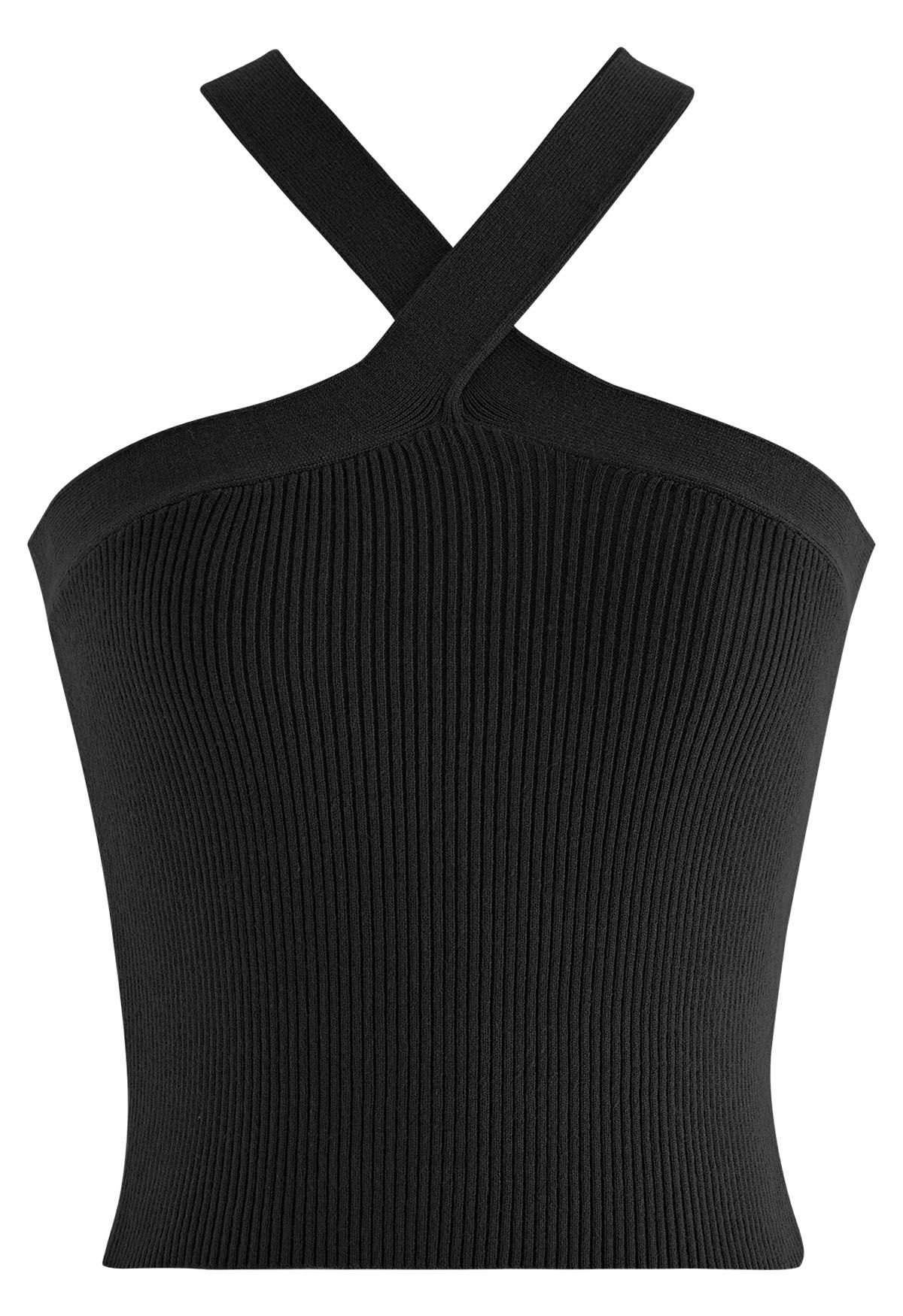 Neckholder-Strickoberteil mit überkreuzten Trägern in Schwarz