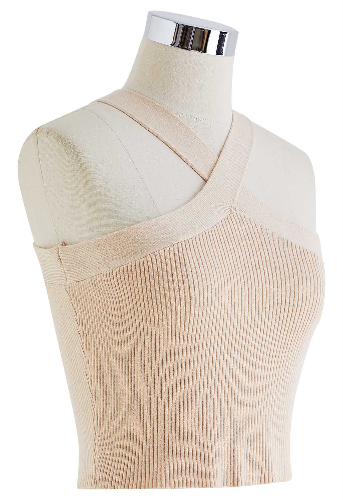 Neckholder-Strickoberteil mit überkreuzten Trägern in Creme