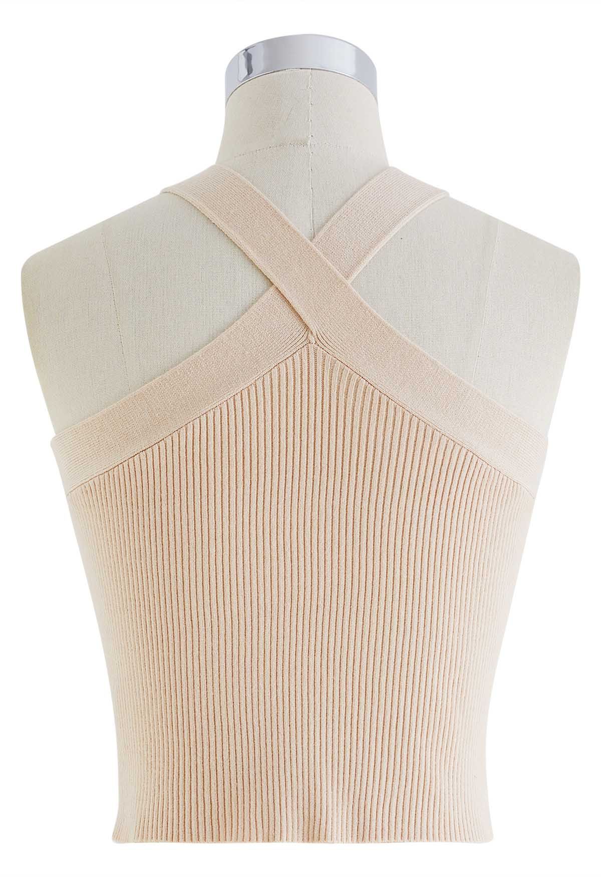 Neckholder-Strickoberteil mit überkreuzten Trägern in Creme