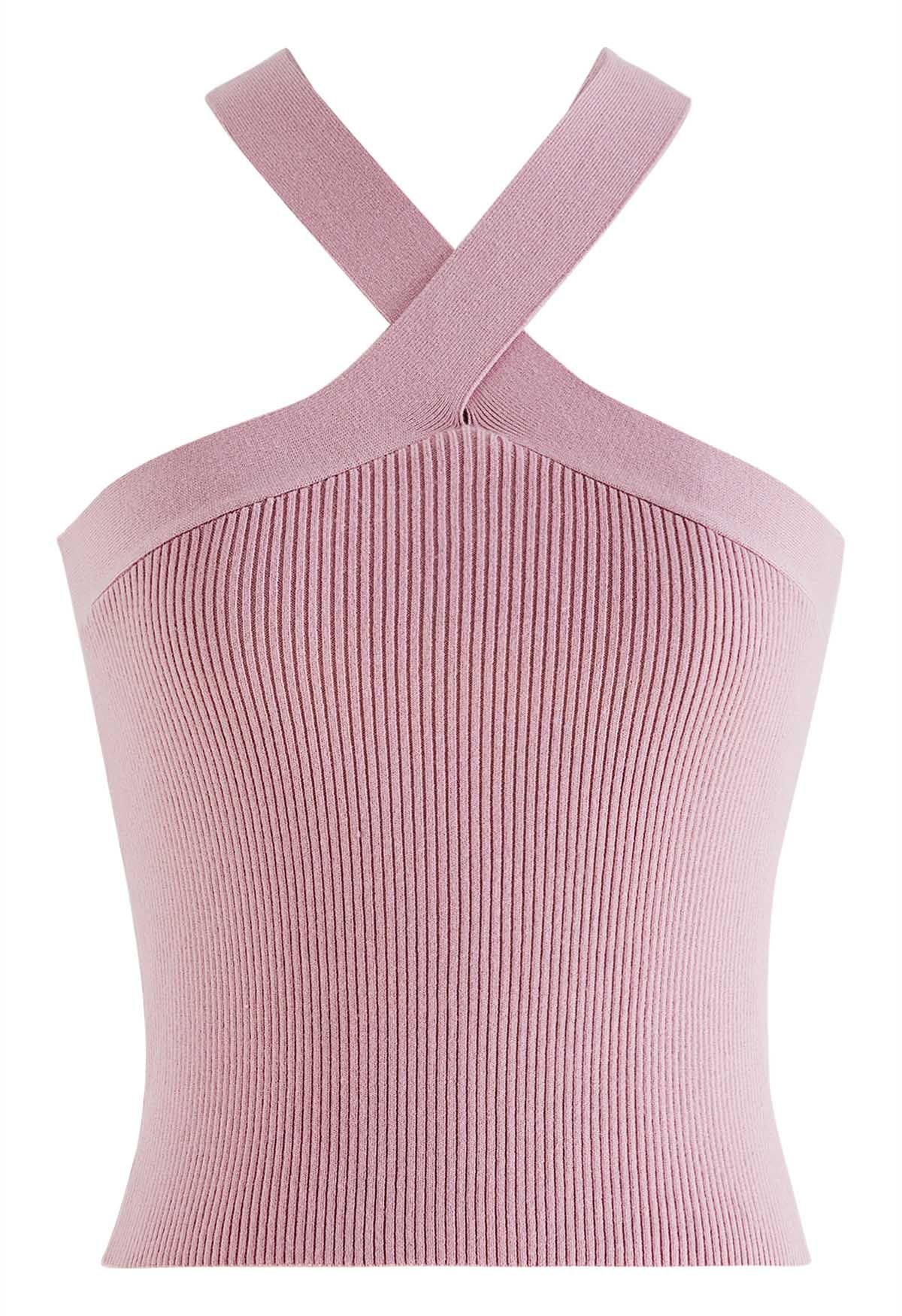 Neckholder-Strickoberteil mit überkreuzten Trägern in Rosa