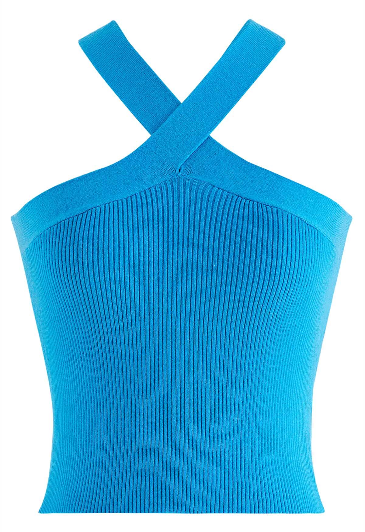 Neckholder-Strickoberteil mit überkreuzten Trägern in Blau