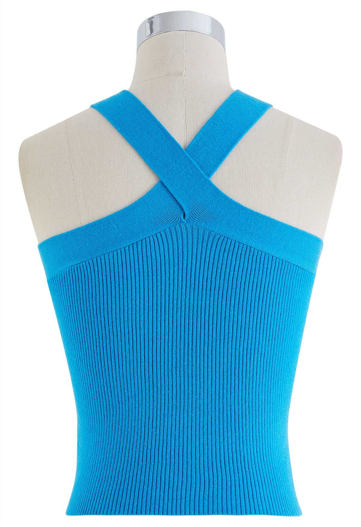 Neckholder-Strickoberteil mit überkreuzten Trägern in Blau