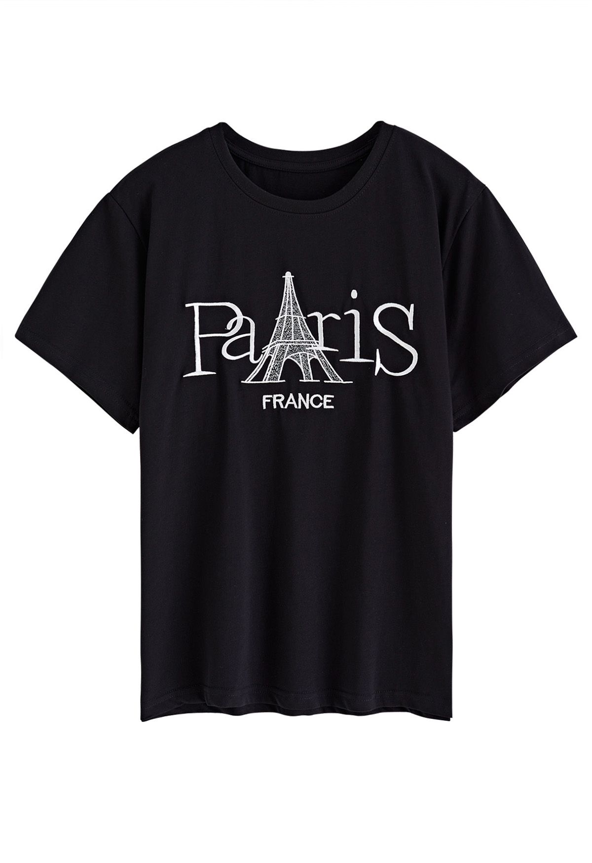 T-Shirt mit Rundhalsausschnitt und Eiffelturm-Stickerei in Schwarz
