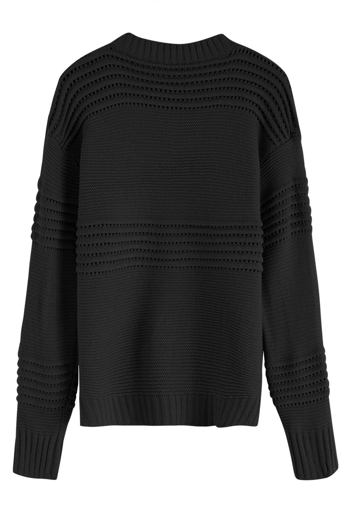 Streifengeprägter, durchbrochener Strickpullover in Schwarz