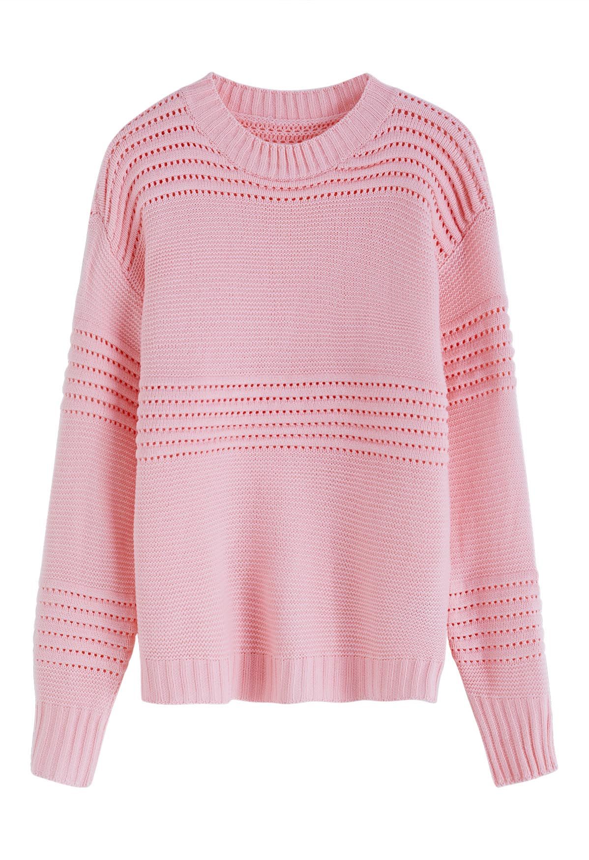 Streifengeprägter, durchbrochener Strickpullover in Rosa