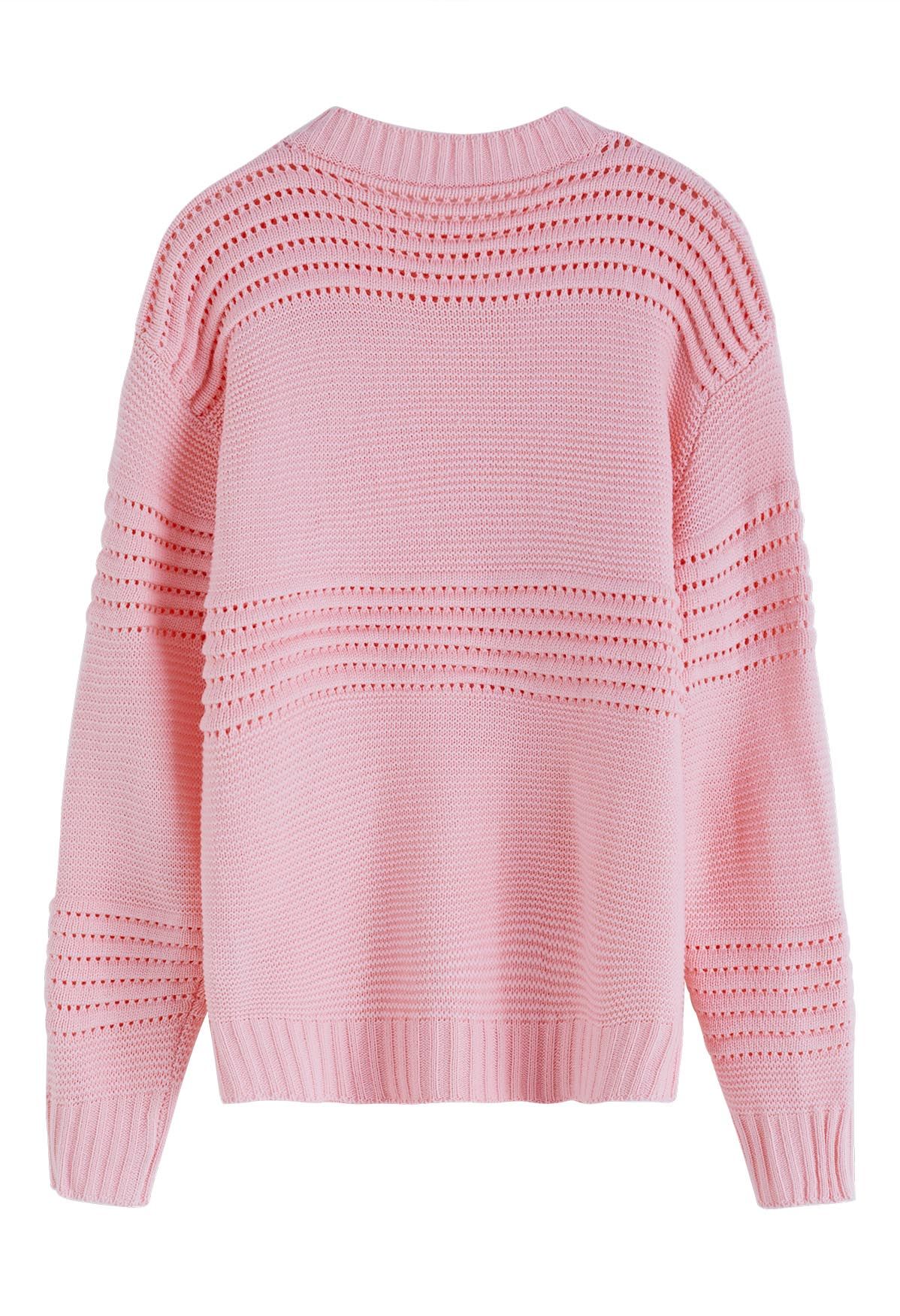 Streifengeprägter, durchbrochener Strickpullover in Rosa