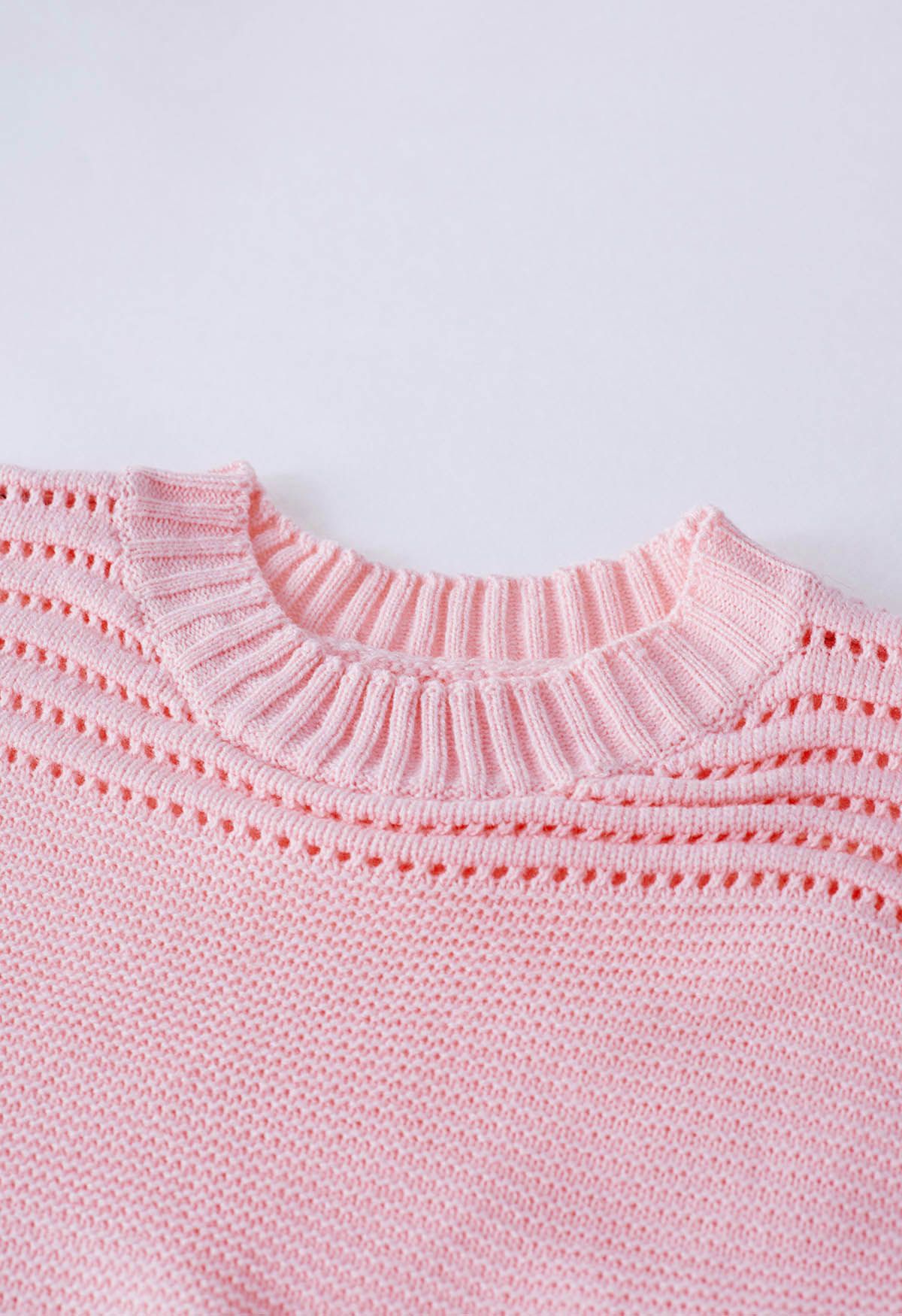 Streifengeprägter, durchbrochener Strickpullover in Rosa