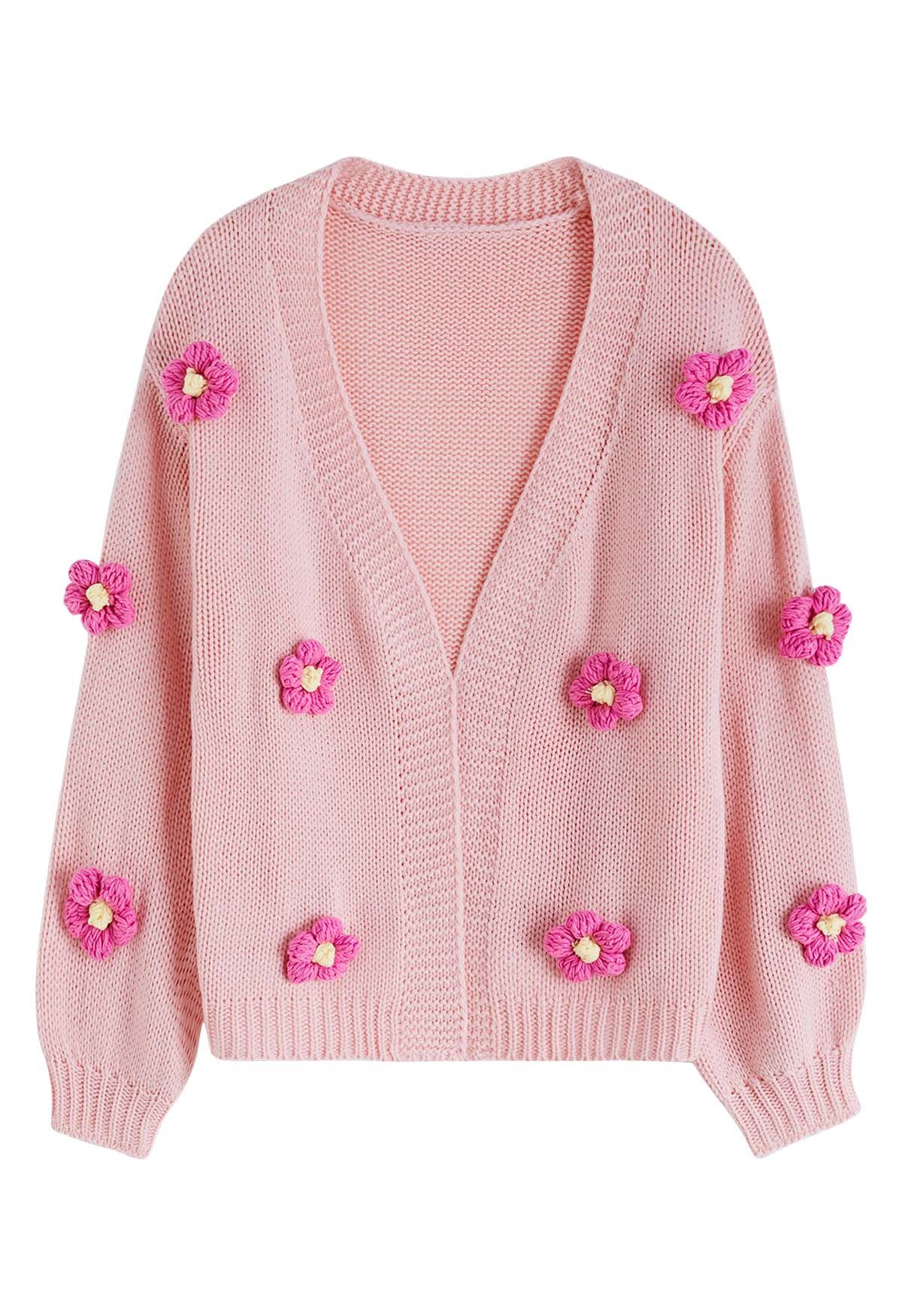 Strickjacke mit 3D-Stickerei und offener Vorderseite in Rosa