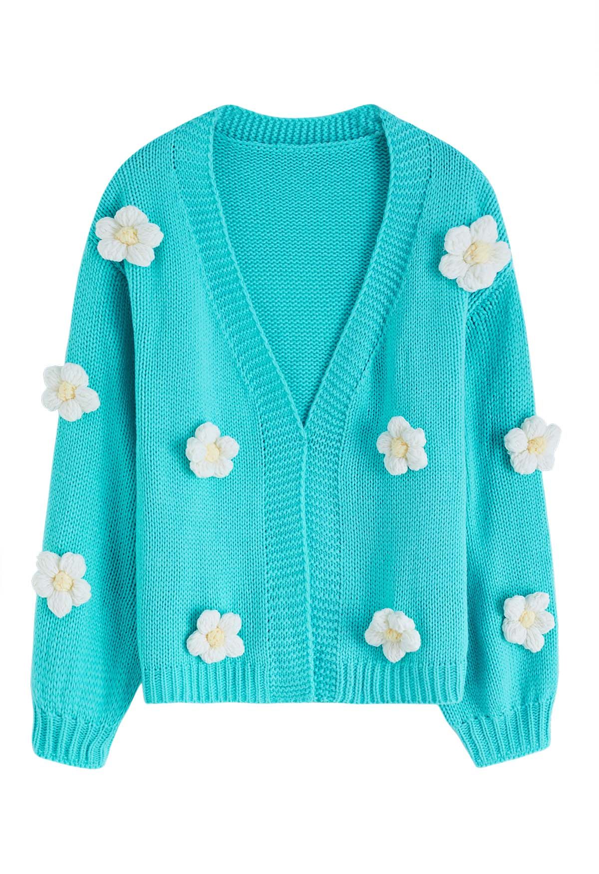 Vorne offener Strick-Cardigan mit 3D-Stich-Blume in Blau