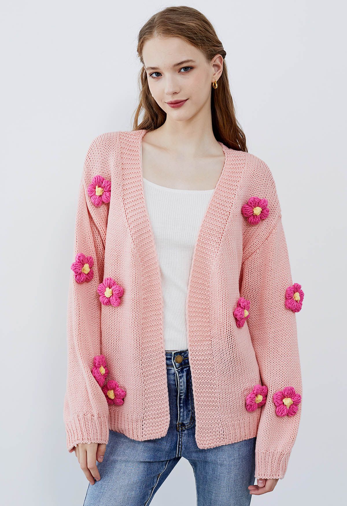 Strickjacke mit 3D-Stickerei und offener Vorderseite in Rosa