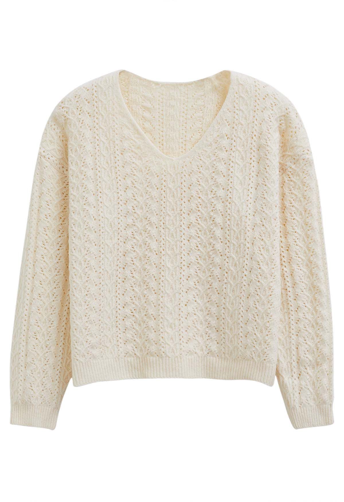 Pointelle-Strickpullover mit V-Ausschnitt in Creme