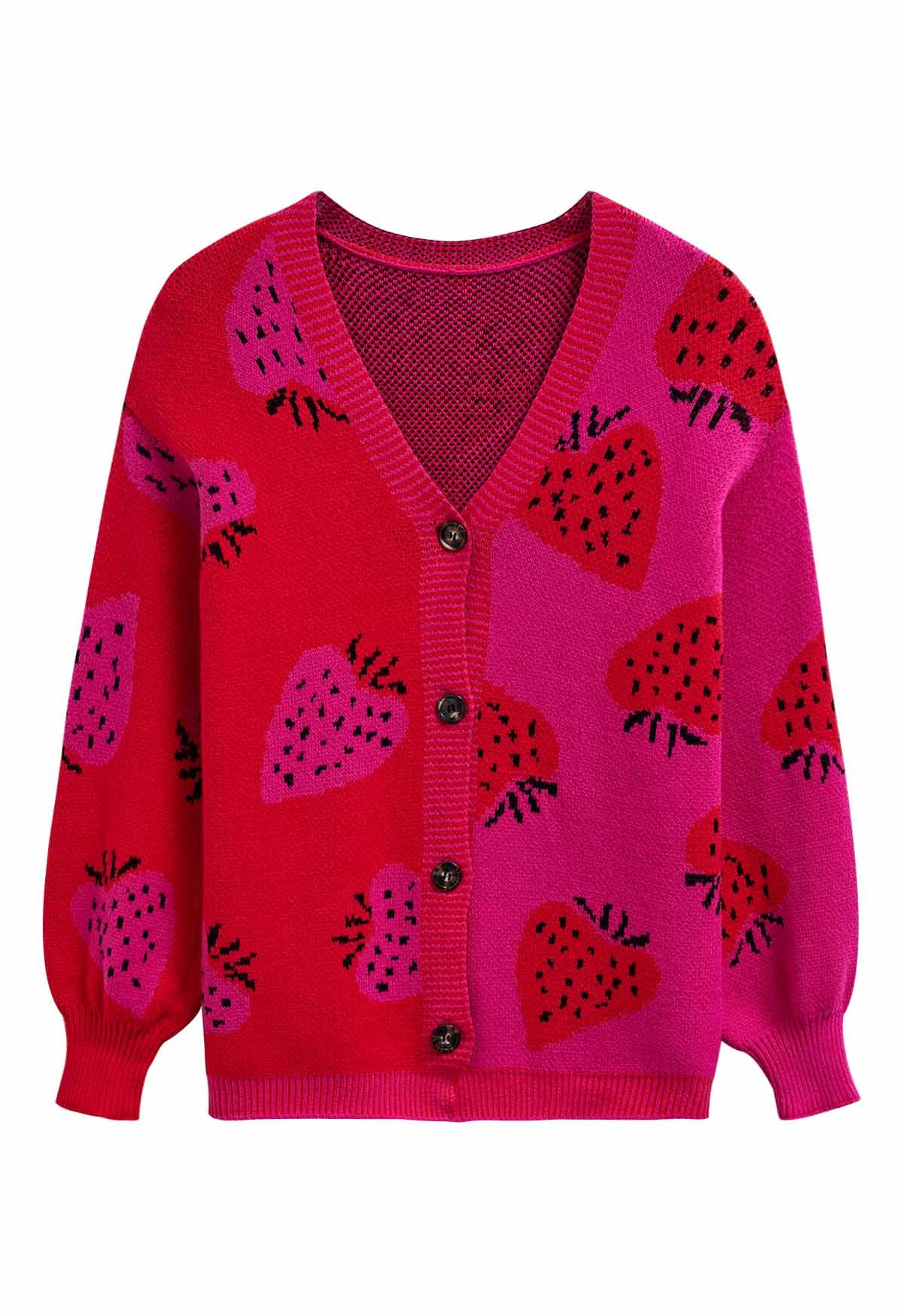 Zweifarbiger Erdbeer-Cardigan mit Knöpfen in Pink