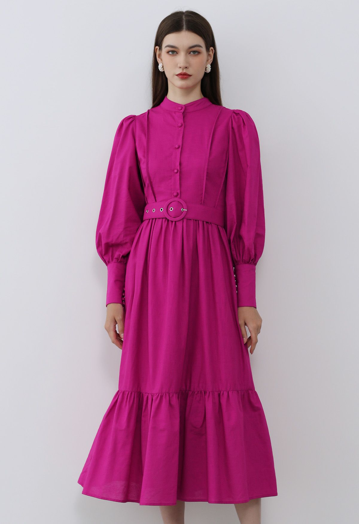 Midikleid aus Leinenmischung mit Knopfleiste und Laternenärmeln in Magenta