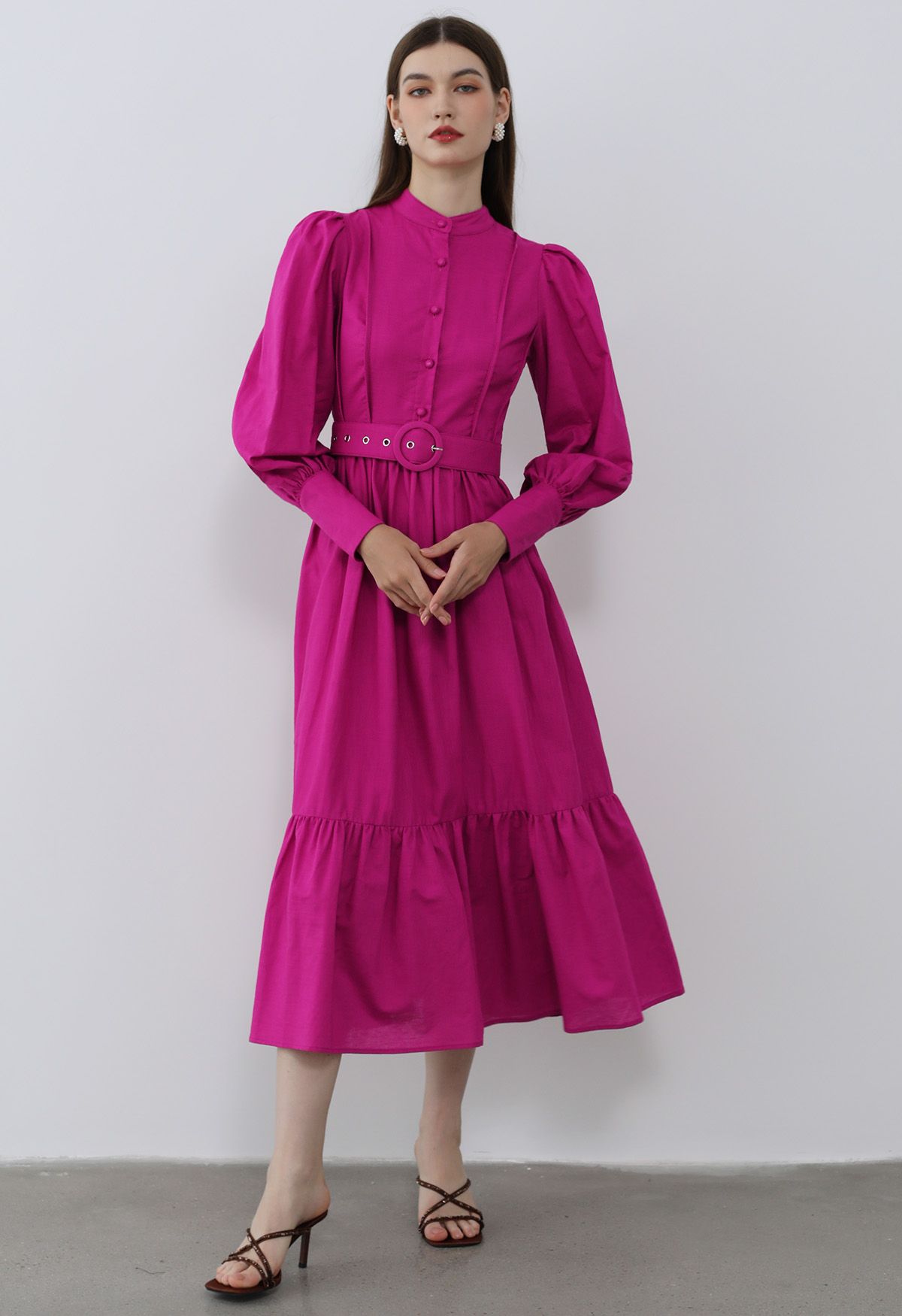 Midikleid aus Leinenmischung mit Knopfleiste und Laternenärmeln in Magenta