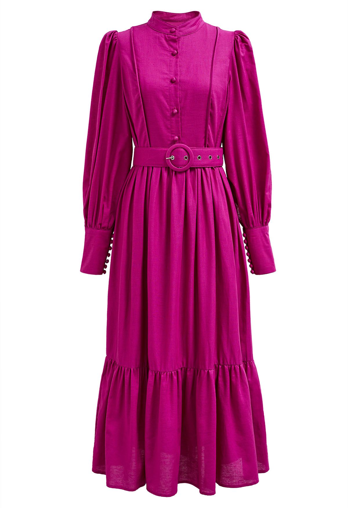 Midikleid aus Leinenmischung mit Knopfleiste und Laternenärmeln in Magenta