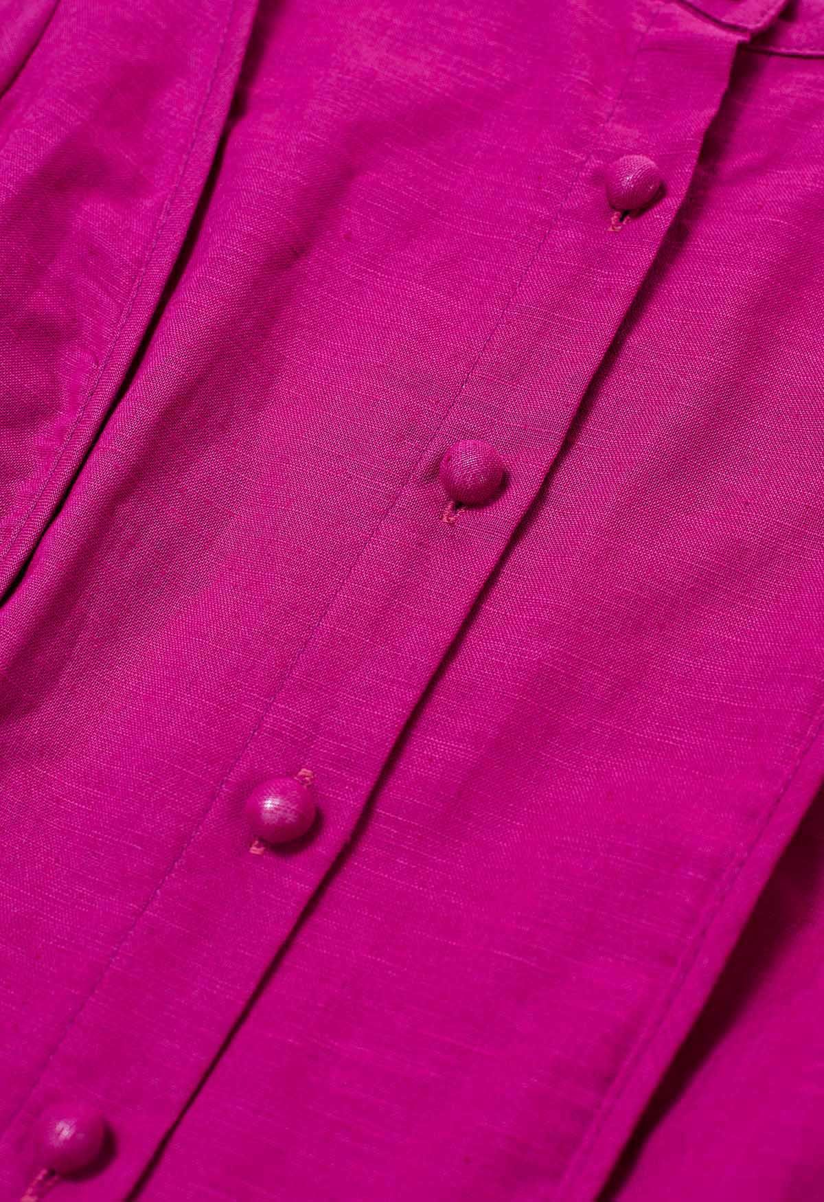 Midikleid aus Leinenmischung mit Knopfleiste und Laternenärmeln in Magenta