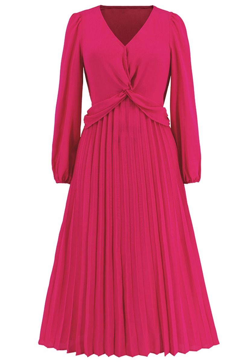 Kleid mit V-Ausschnitt und verdrehter Vorderseite in Magenta