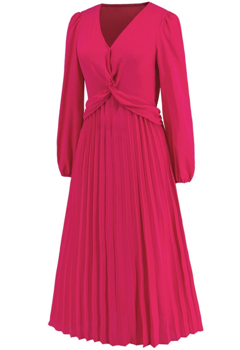 Kleid mit V-Ausschnitt und verdrehter Vorderseite in Magenta