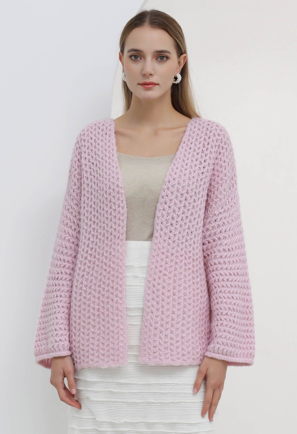 Vorne offener, ausgehöhlter Strick-Cardigan in Rosa