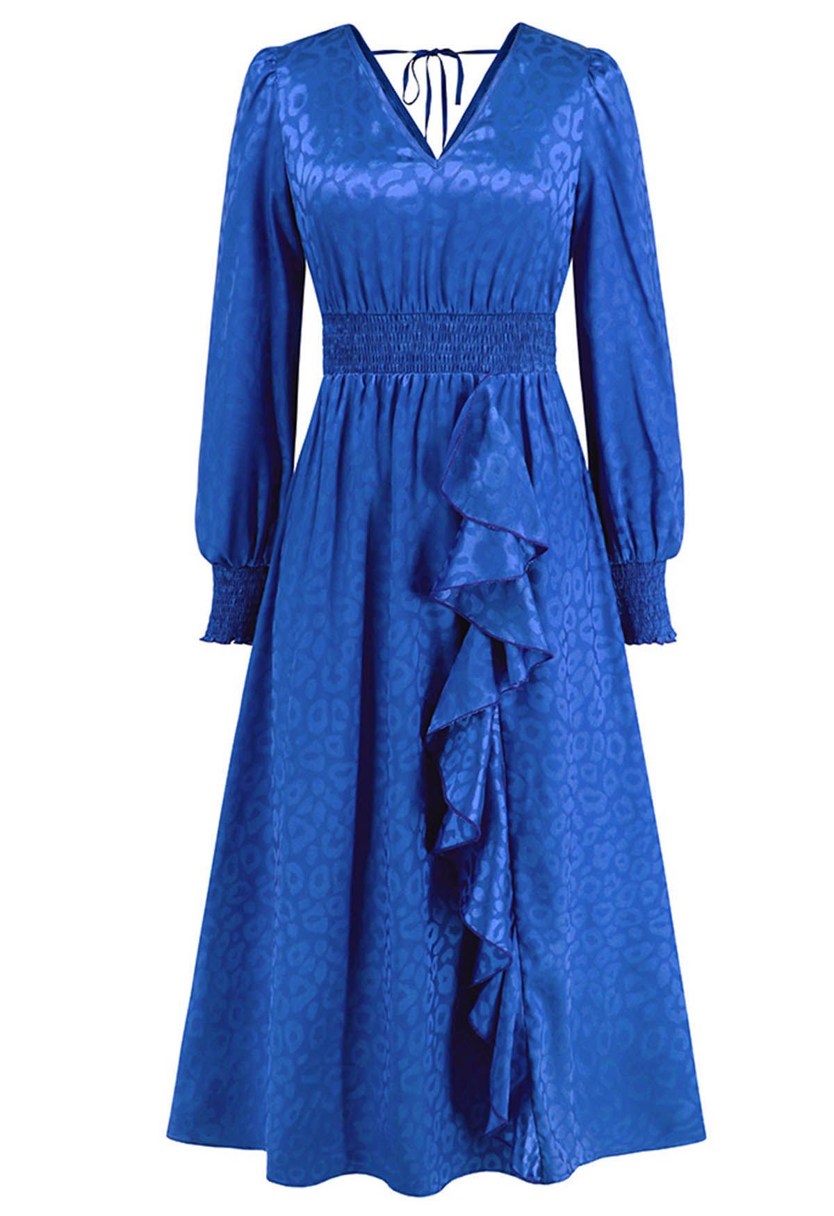 Glänzendes Maxikleid aus Jacquard mit Leopardenmuster und Rüschen in Indigo