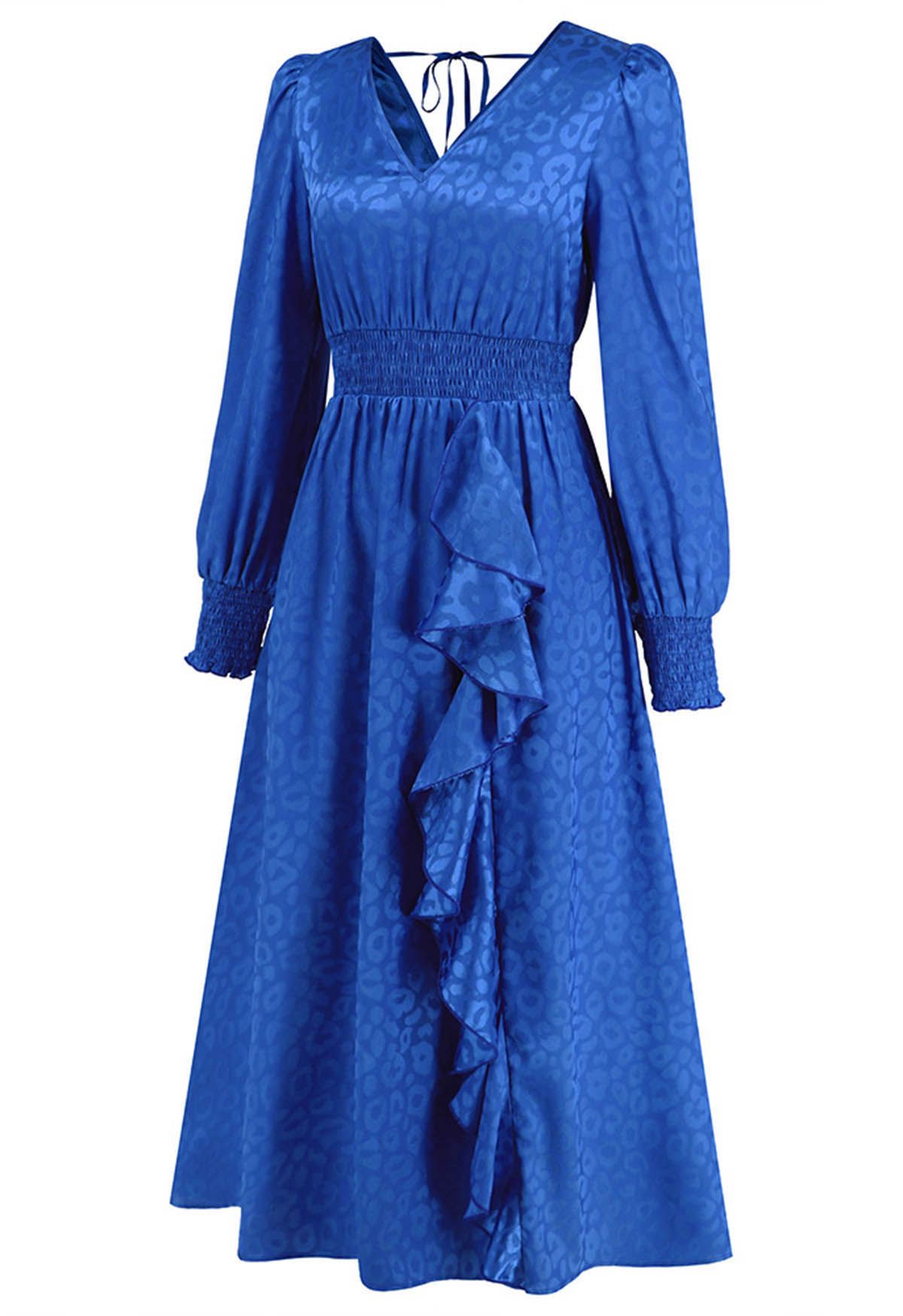 Glänzendes Maxikleid aus Jacquard mit Leopardenmuster und Rüschen in Indigo