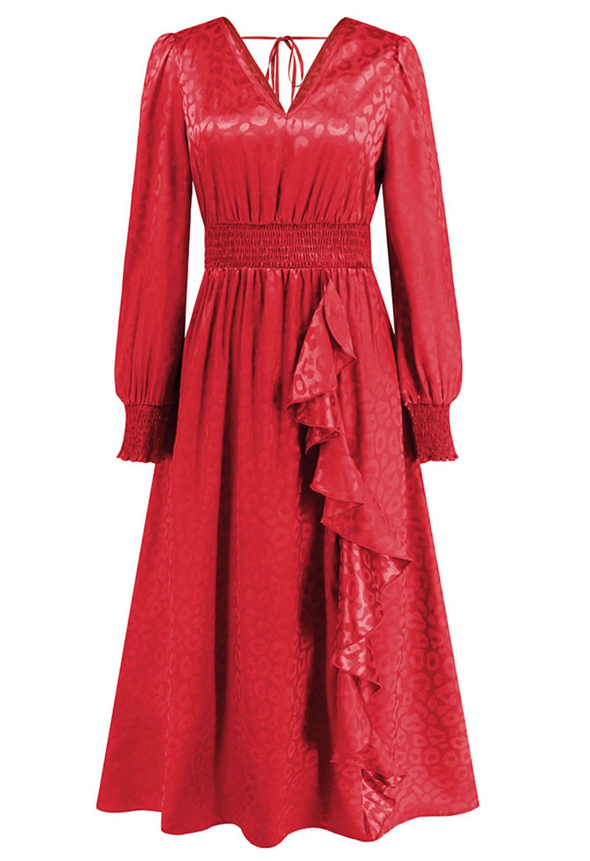 Glänzendes Maxikleid aus Jacquard mit Leopardenmuster und Rüschen in Rot