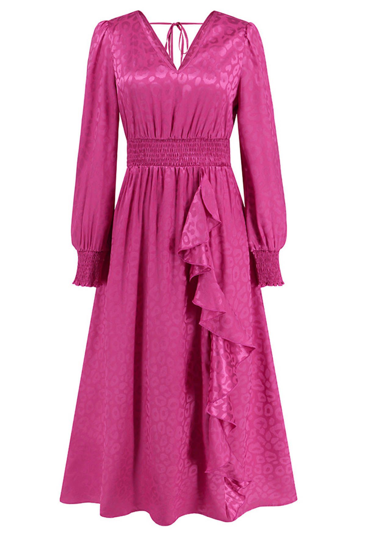 Glänzendes Maxikleid aus Jacquard mit Leopardenmuster und Rüschen in Magenta