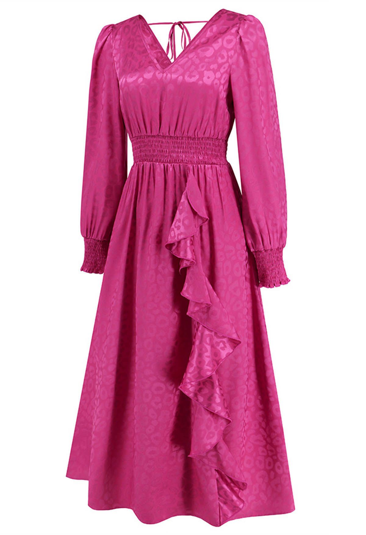 Glänzendes Maxikleid aus Jacquard mit Leopardenmuster und Rüschen in Magenta