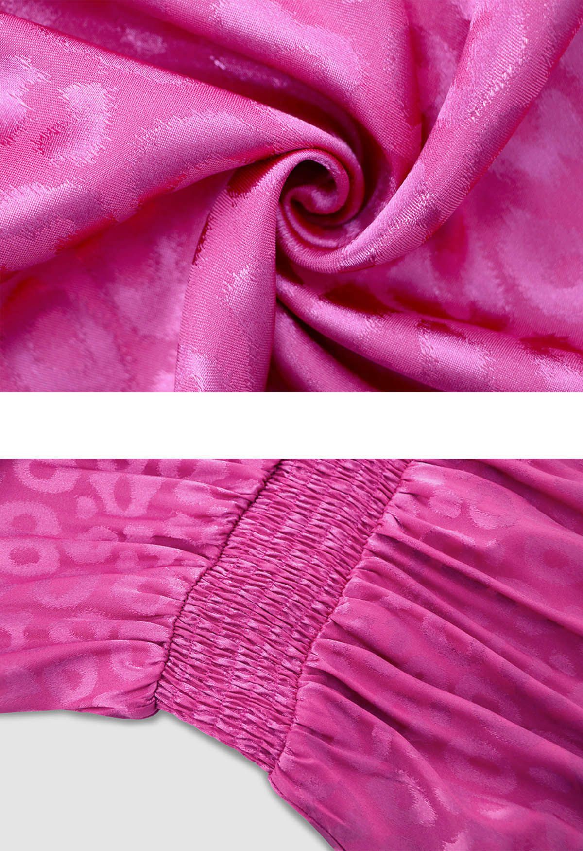 Glänzendes Maxikleid aus Jacquard mit Leopardenmuster und Rüschen in Magenta