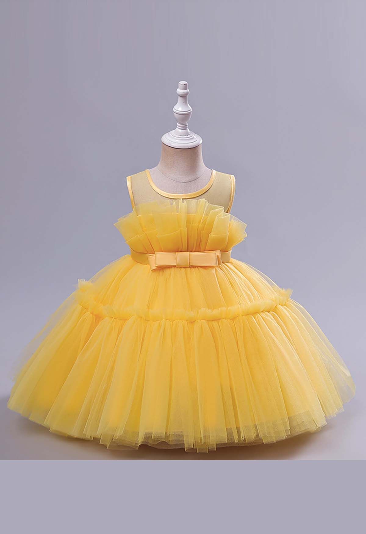 Tüllkleid mit Schleife in der Taille in Gelb für Kinder