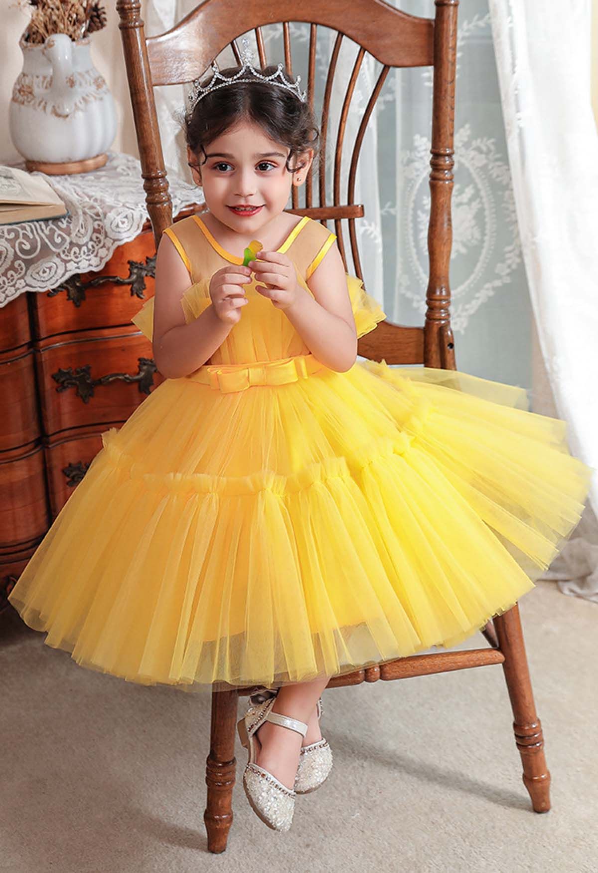 Tüllkleid mit Schleife in der Taille in Gelb für Kinder