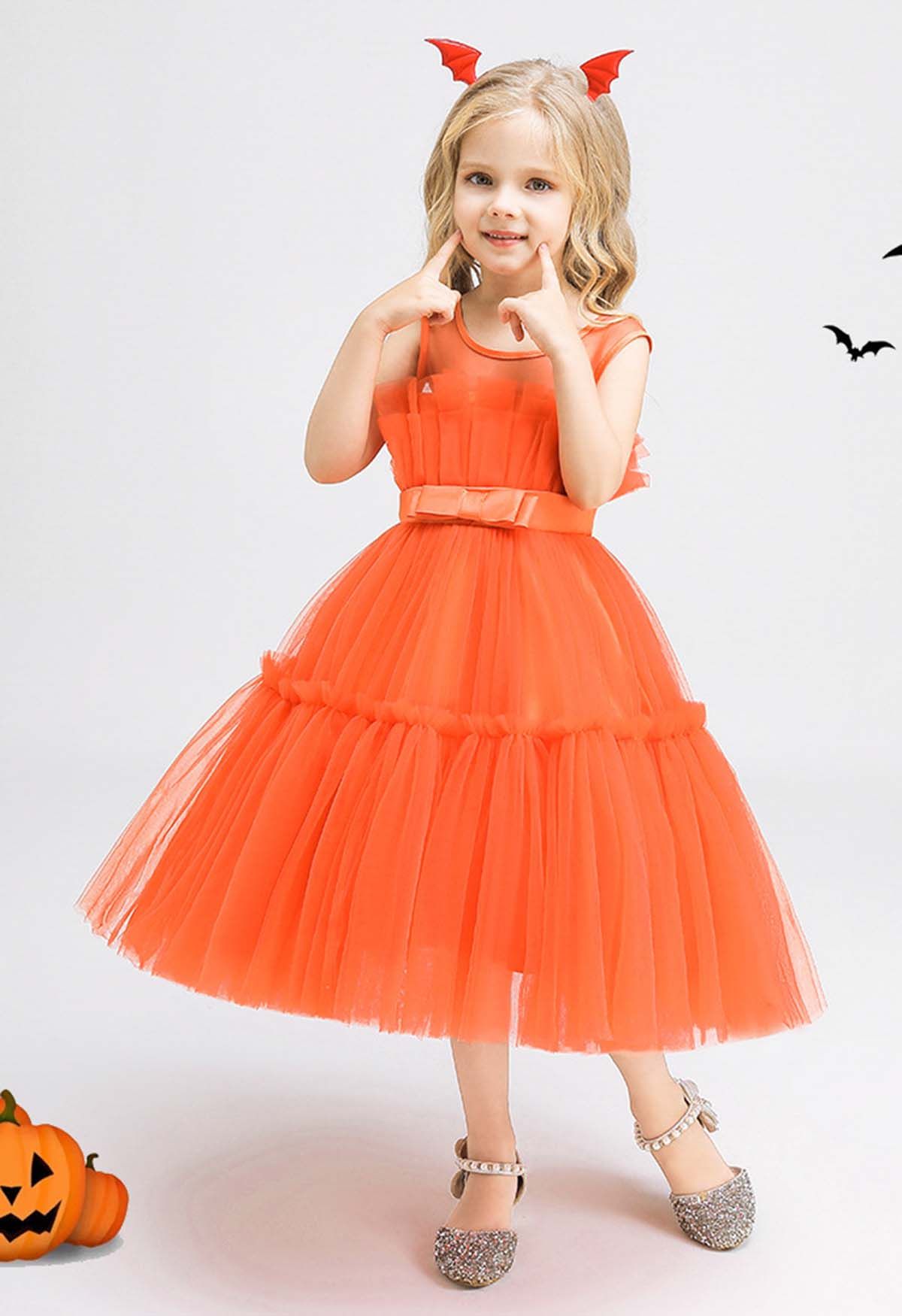 Tüllkleid mit Schleife und Taille in Orange für Kinder
