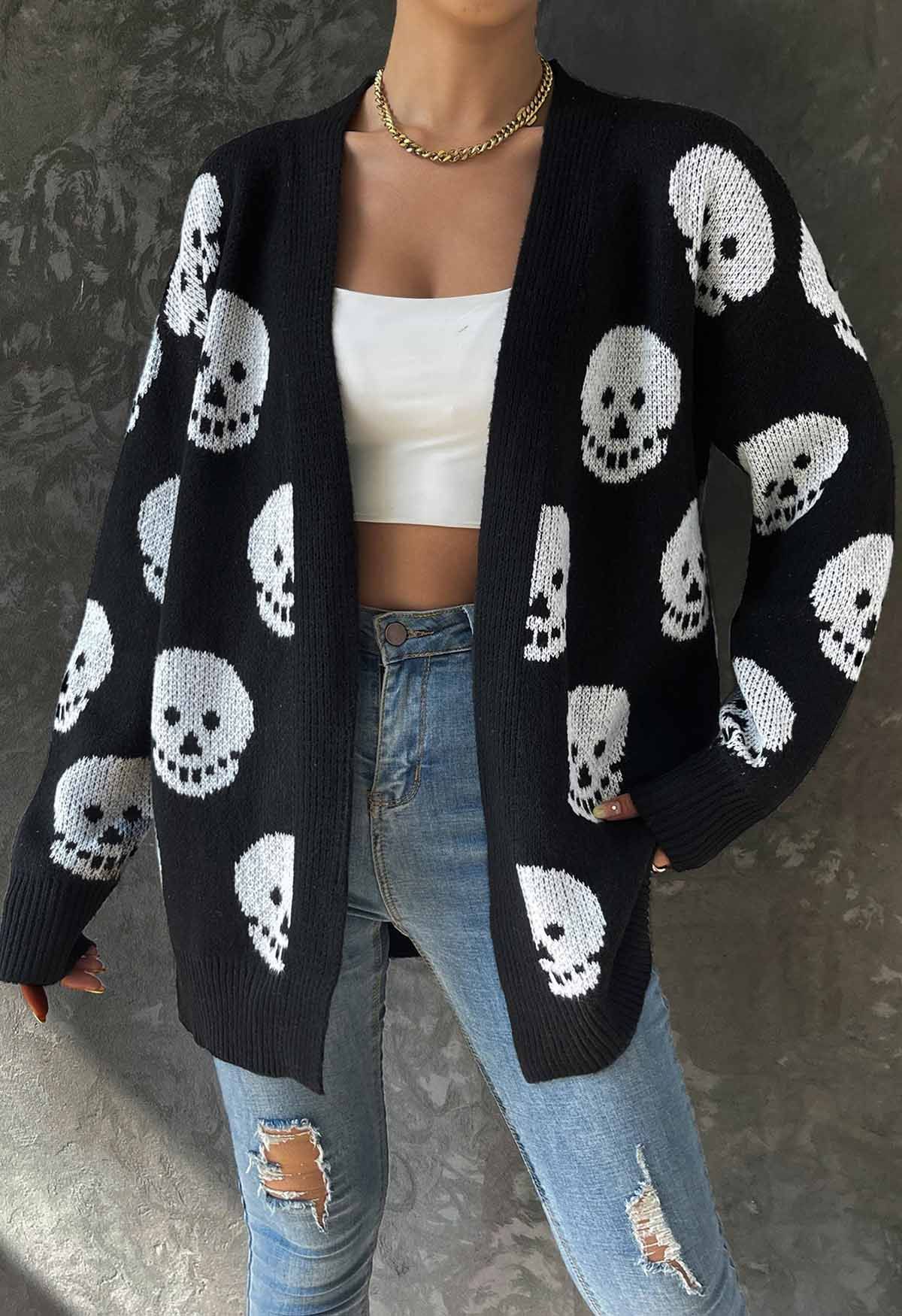 Langer Jacquard-Strick-Cardigan mit Halloween-Totenkopfmuster