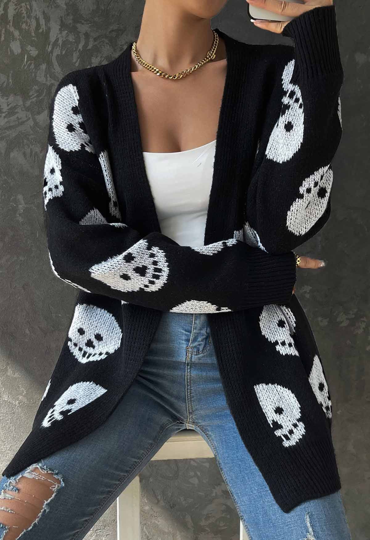 Langer Jacquard-Strick-Cardigan mit Halloween-Totenkopfmuster