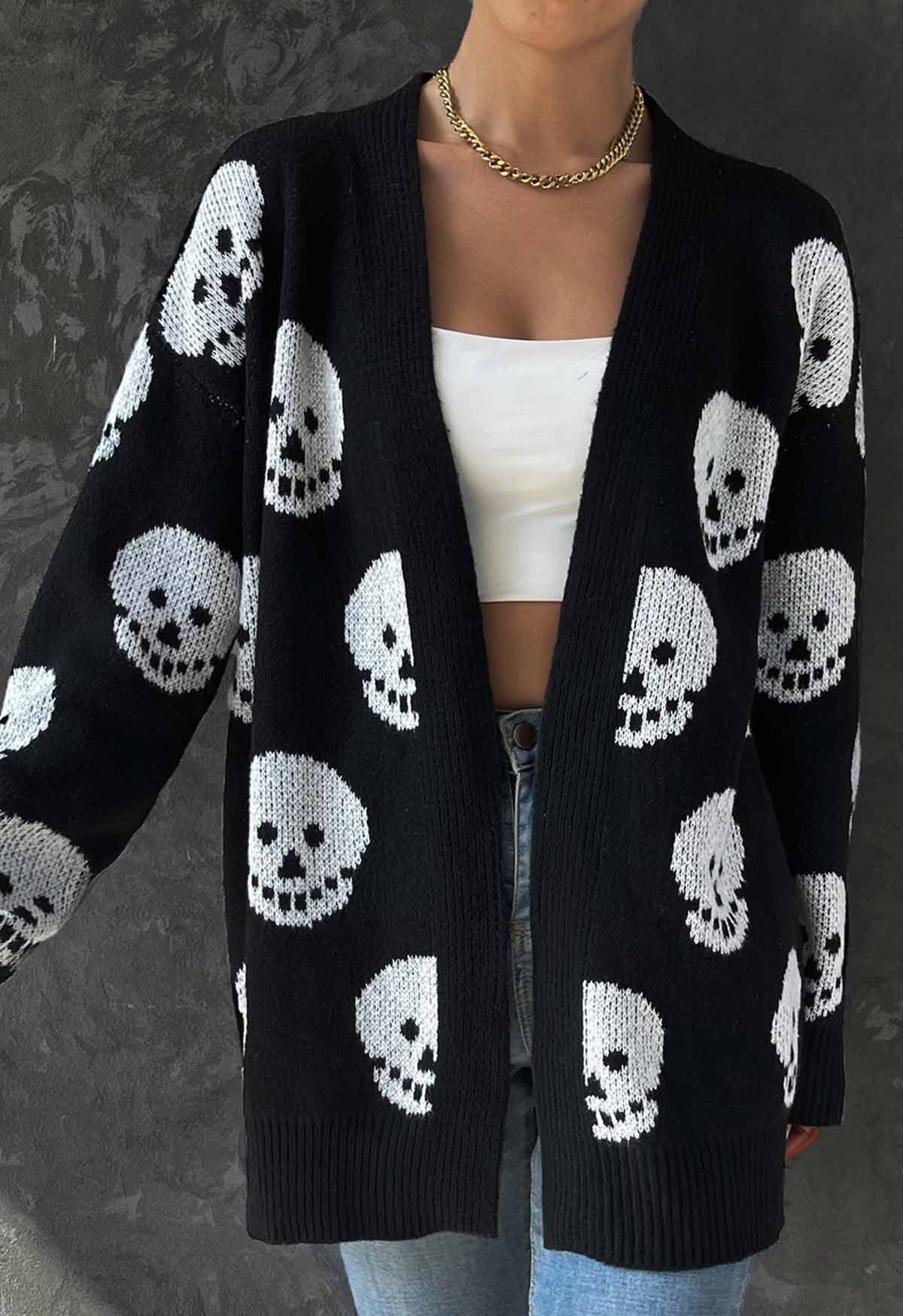 Langer Jacquard-Strick-Cardigan mit Halloween-Totenkopfmuster