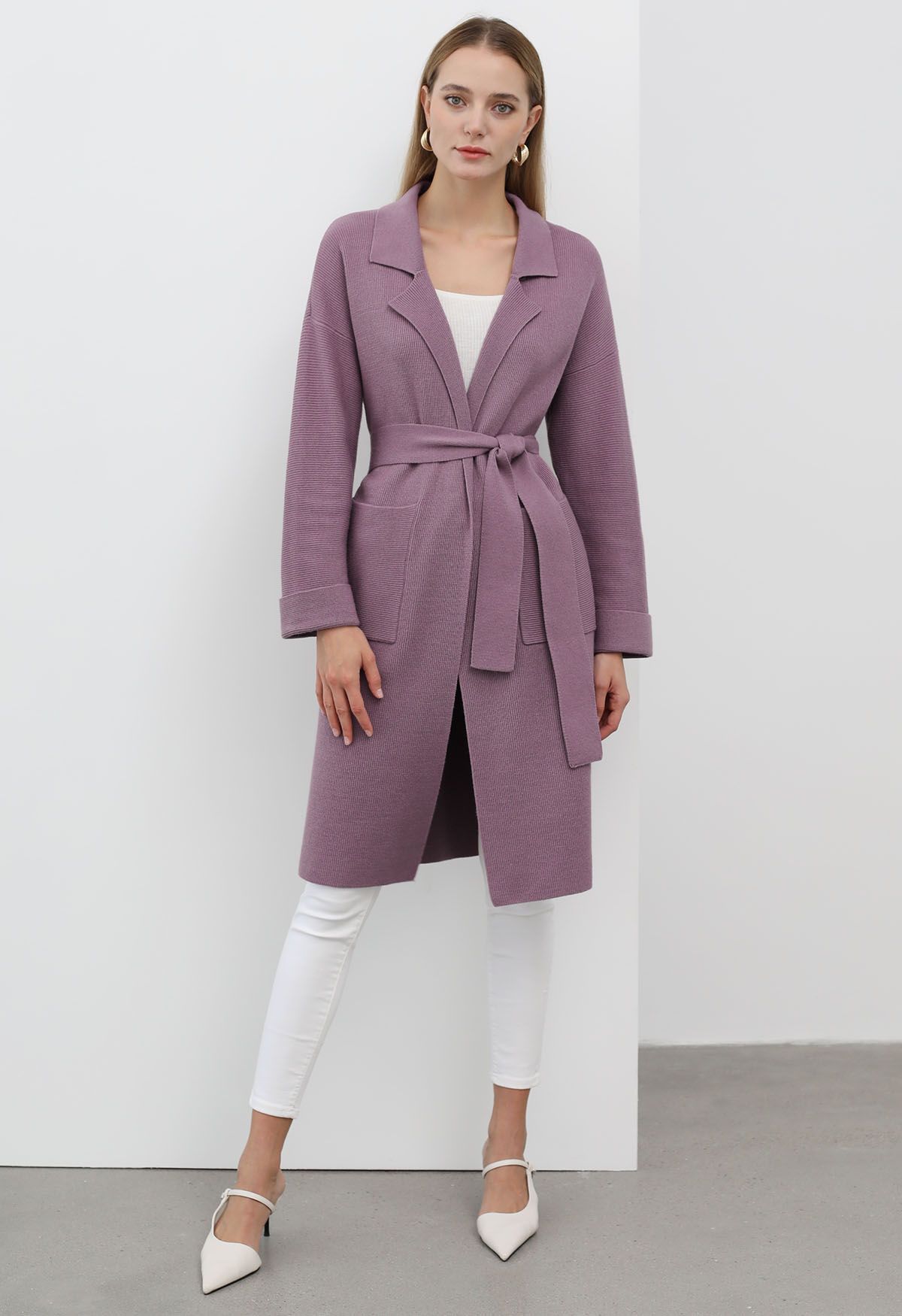 Lang geschnittener Strick-Cardigan mit Reverskragen und Gürtel in Mauve