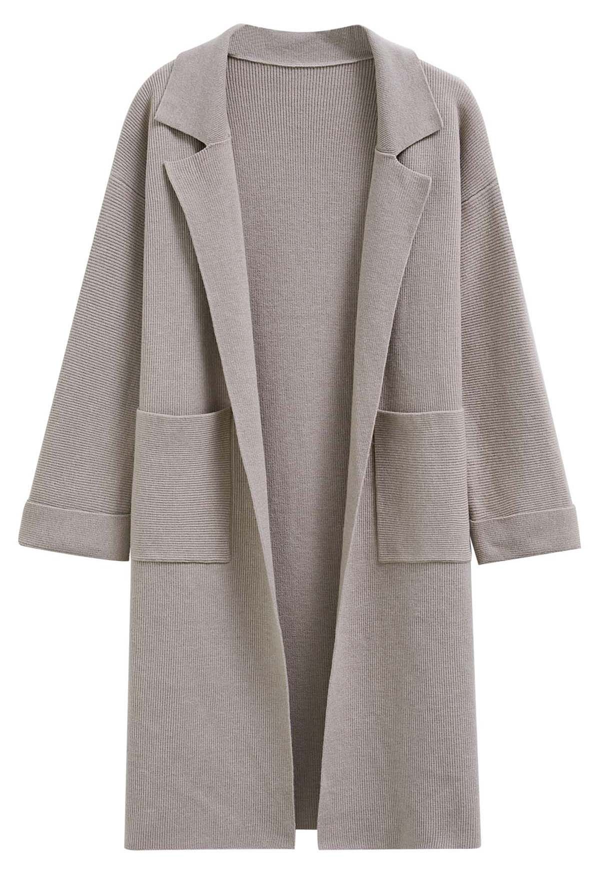 Longline-Strickjacke mit Reverskragen und Gürtel in Taupe