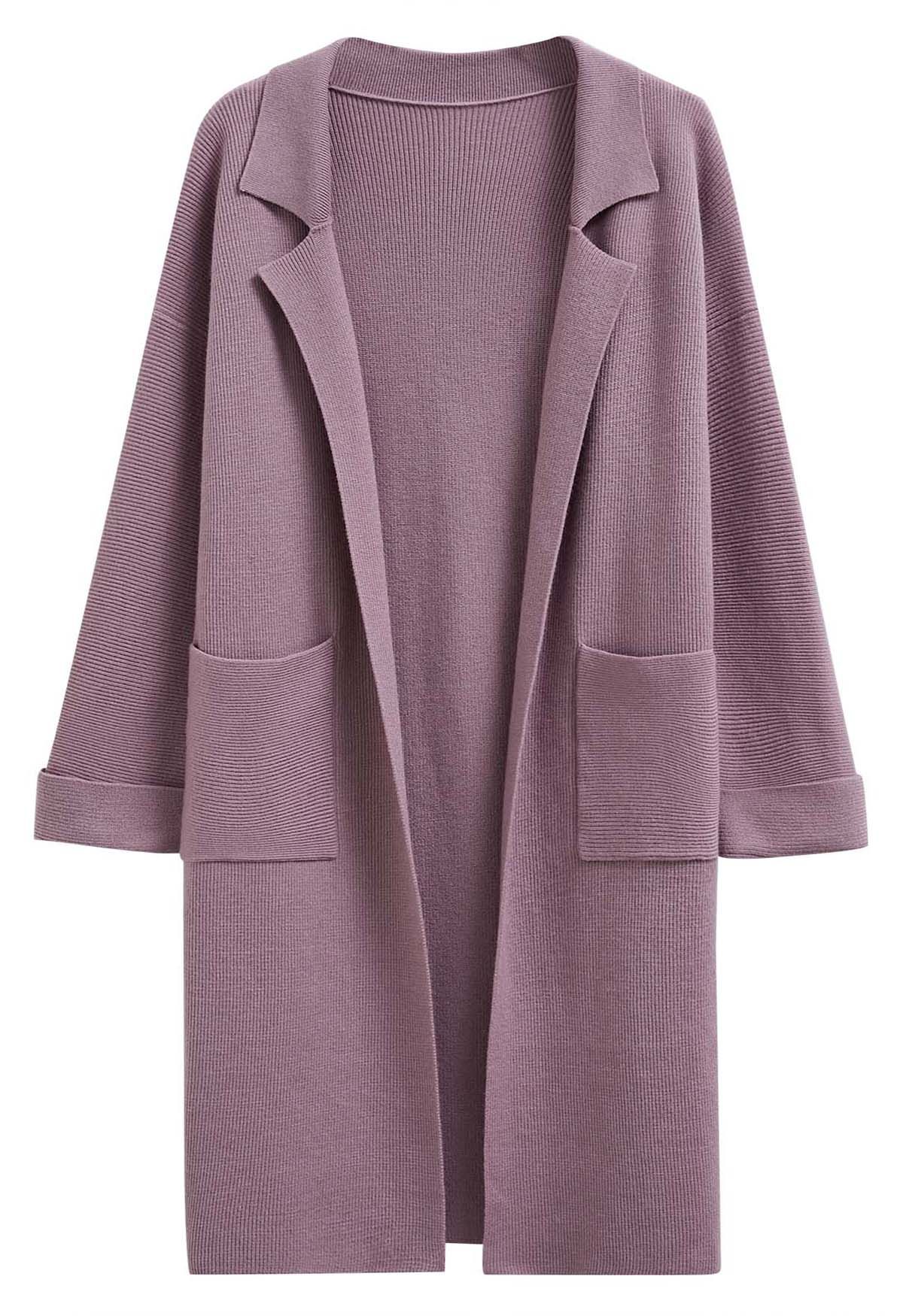 Lang geschnittener Strick-Cardigan mit Reverskragen und Gürtel in Mauve