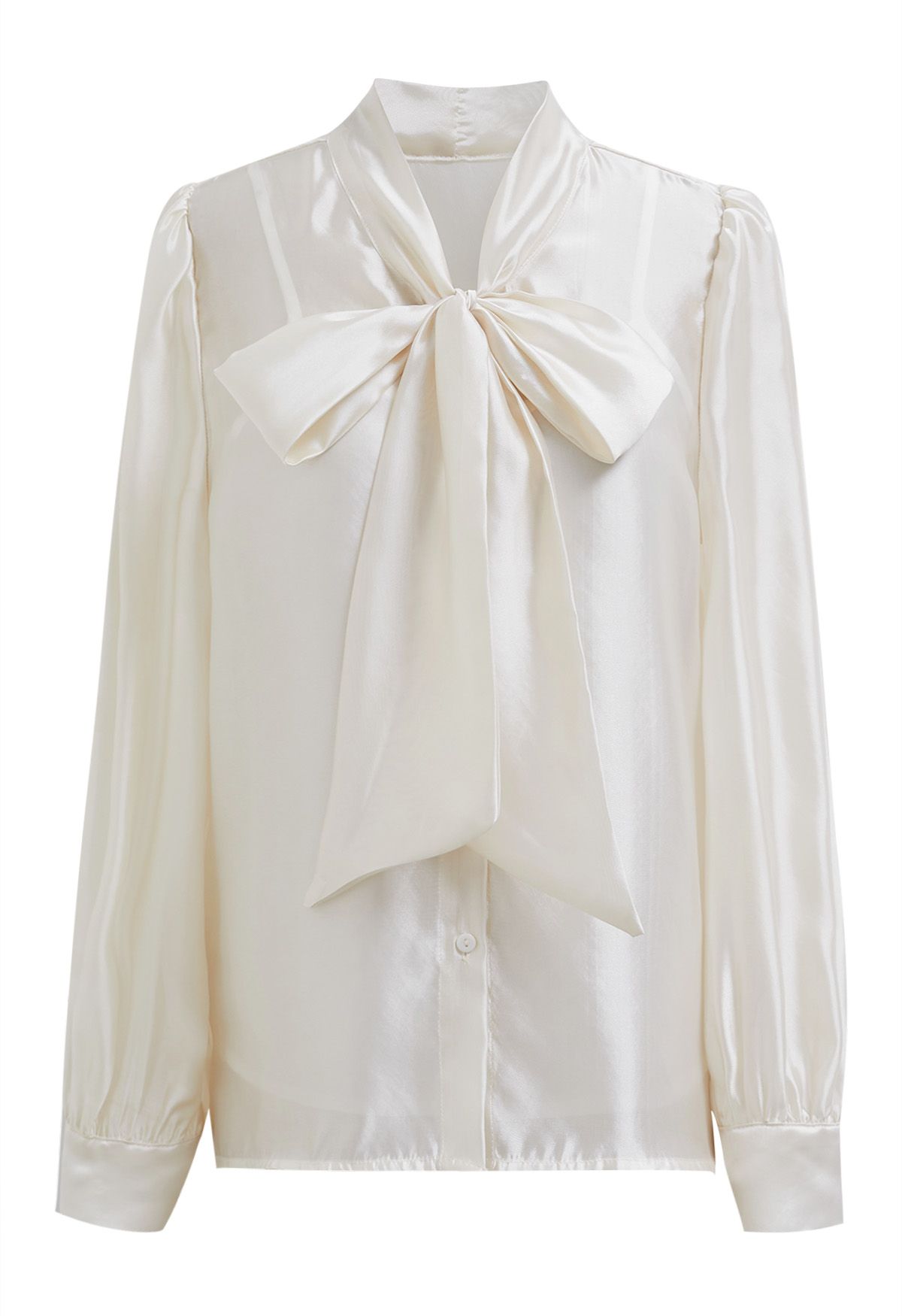 Elegantes, transparentes Hemd mit Schleife und Puffärmeln in Creme