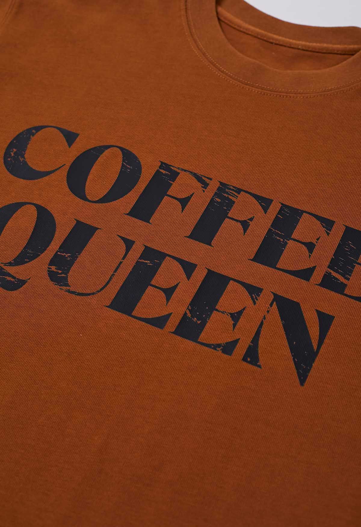 Bedrucktes Baumwoll-T-Shirt „Coffee Queen“ in Karamell