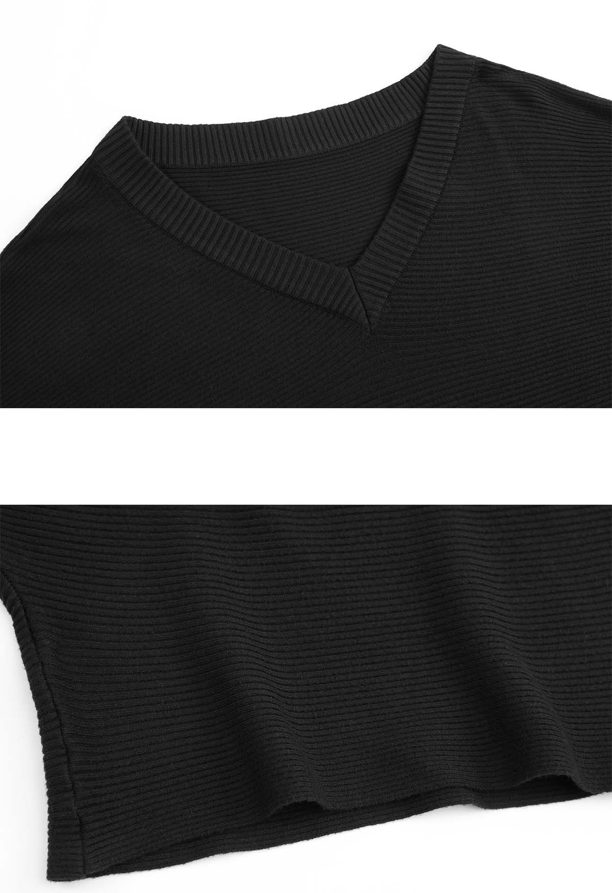 Pullover-Strickpullover mit V-Ausschnitt und Fledermausärmeln in Schwarz