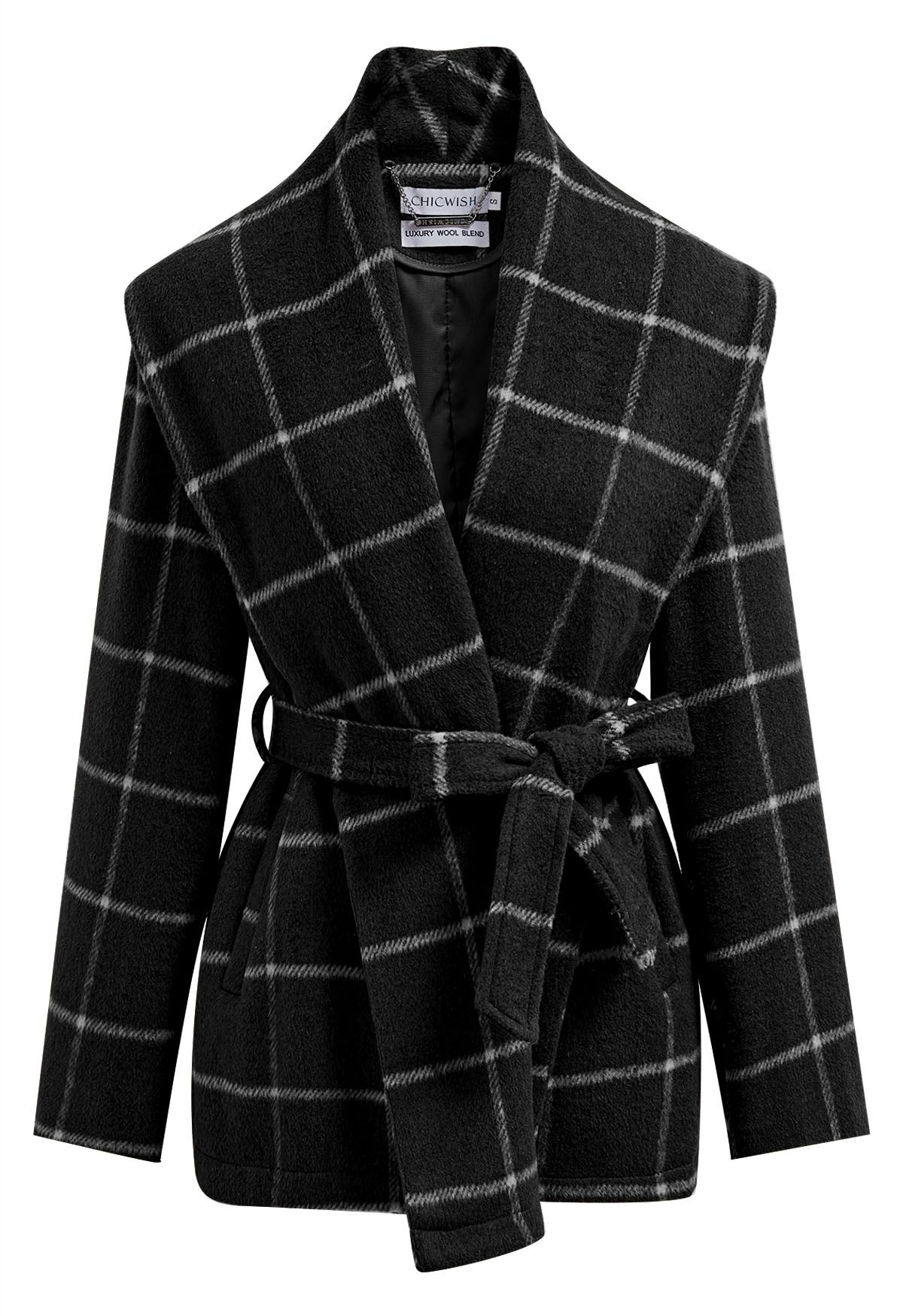 Karierter Mantel aus Wollmischung mit offener Vorderseite in Schwarz