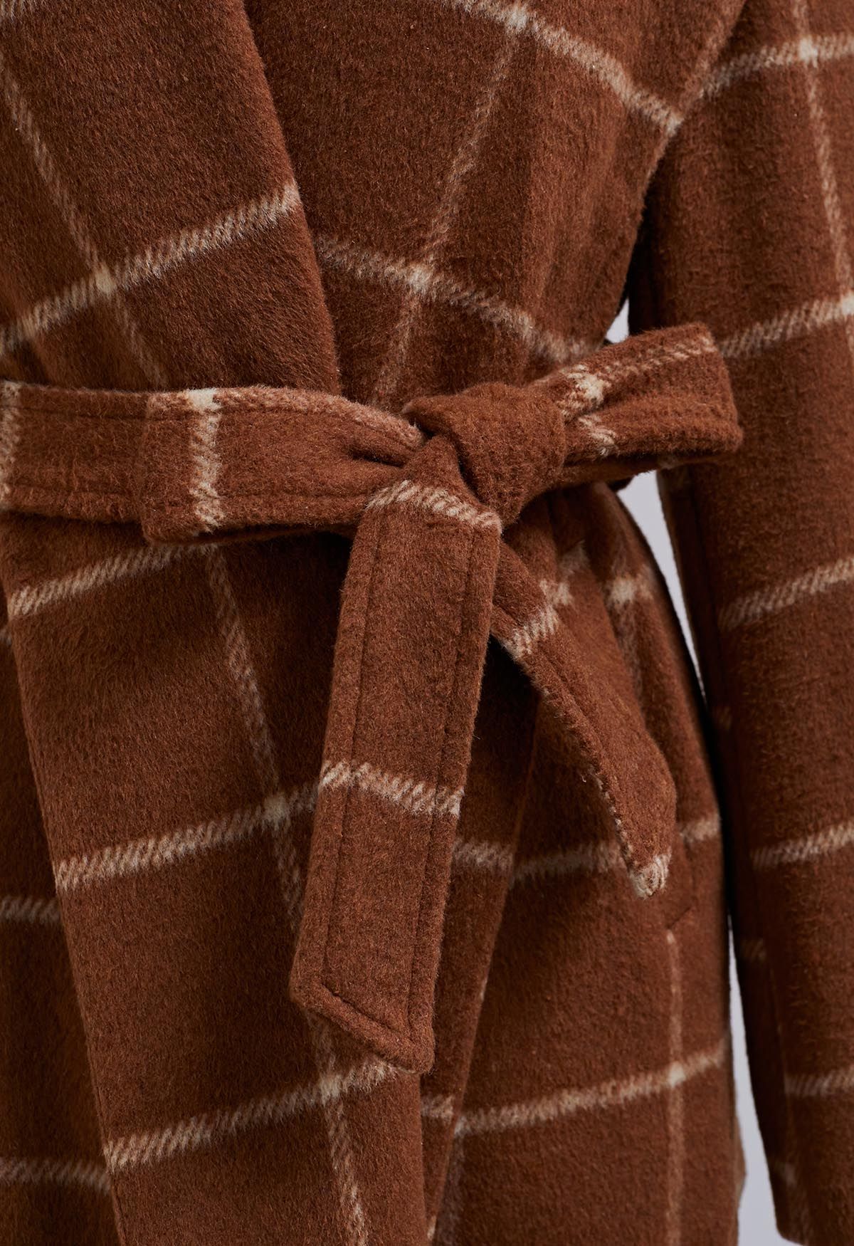 Karierter Mantel aus Wollmischung mit offener Vorderseite in Braun