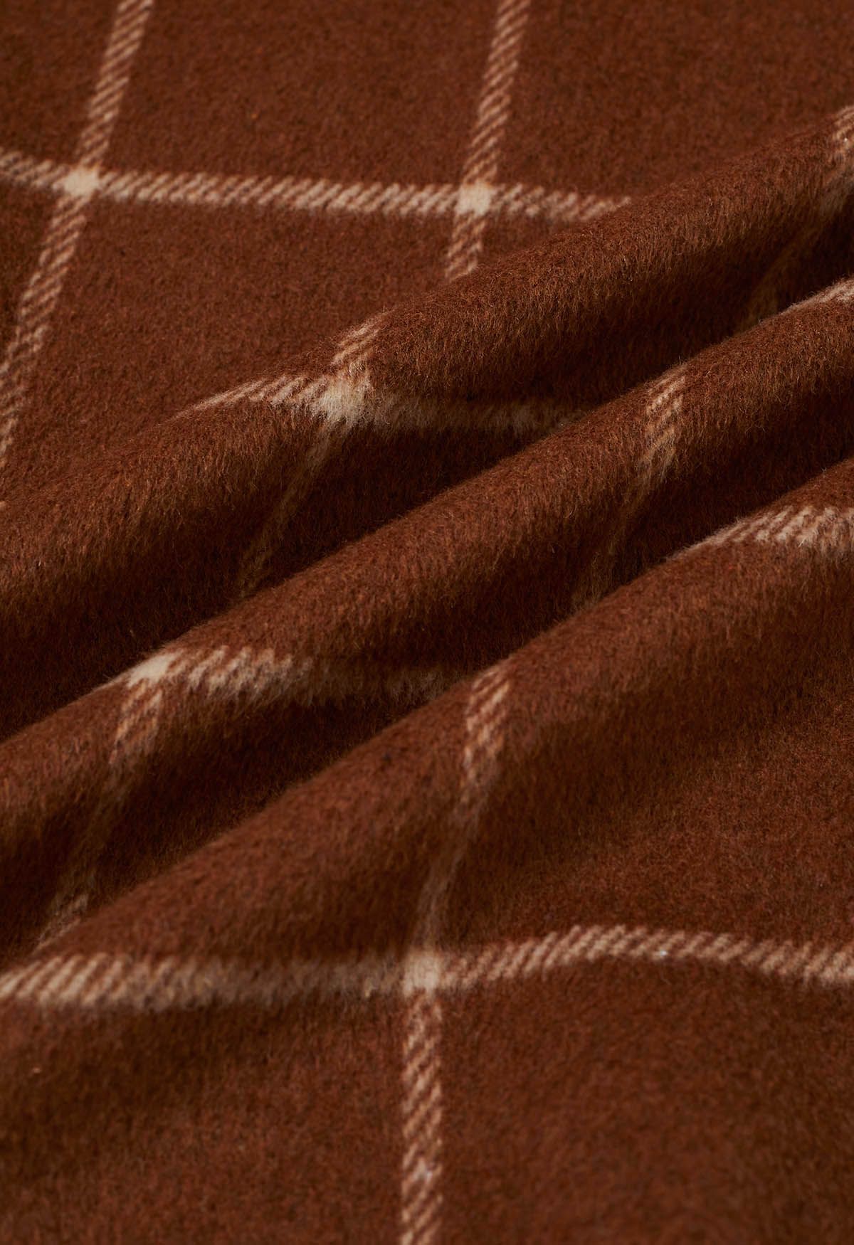 Karierter Mantel aus Wollmischung mit offener Vorderseite in Braun