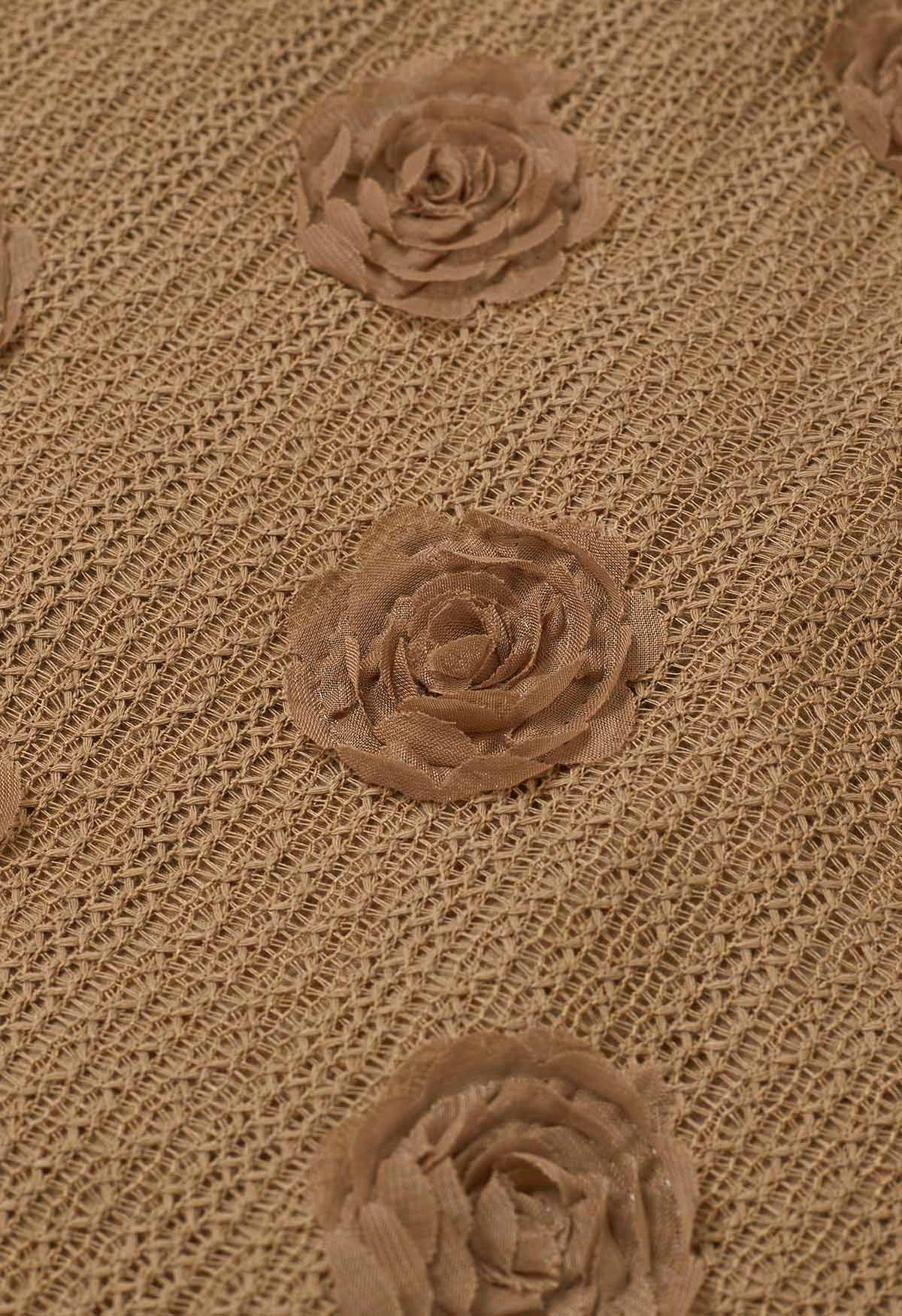 3D-Rosen-Midirock aus durchbrochener Baumwolle in Kamel