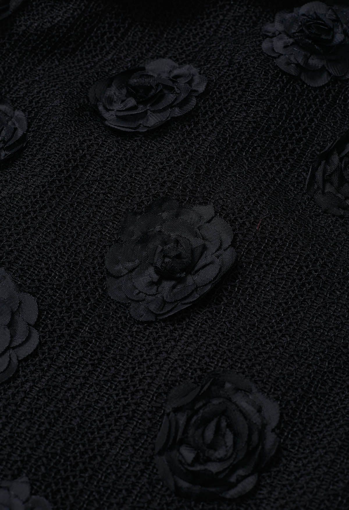 3D-Rosen-Midirock aus durchbrochener Baumwolle in Schwarz