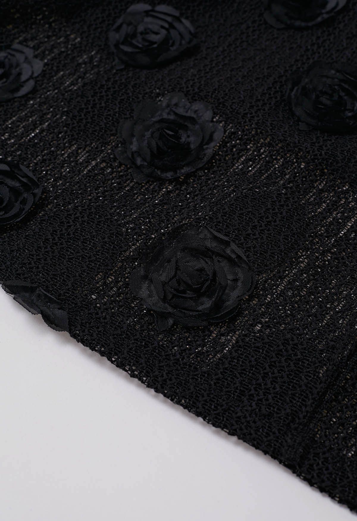 3D-Rosen-Midirock aus durchbrochener Baumwolle in Schwarz